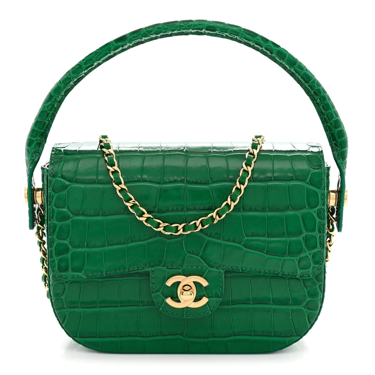 Calfskin Crocodile Embossed Turn Around Mini Flap Emerald