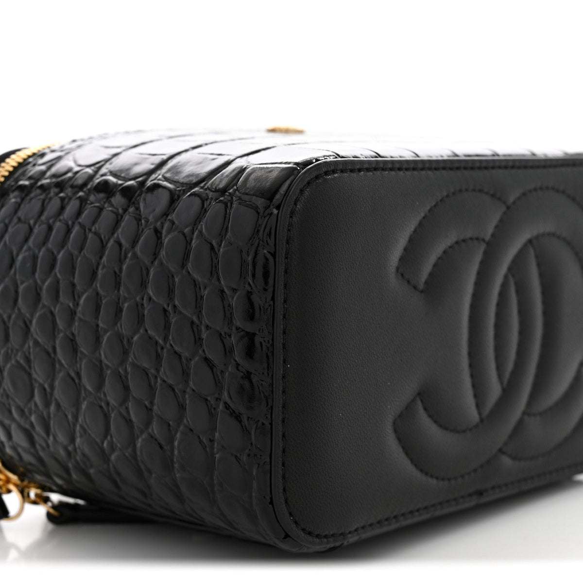 Calfskin Crocodile Embossed Crococo Small Top Handle Vanity Case With Chain Black