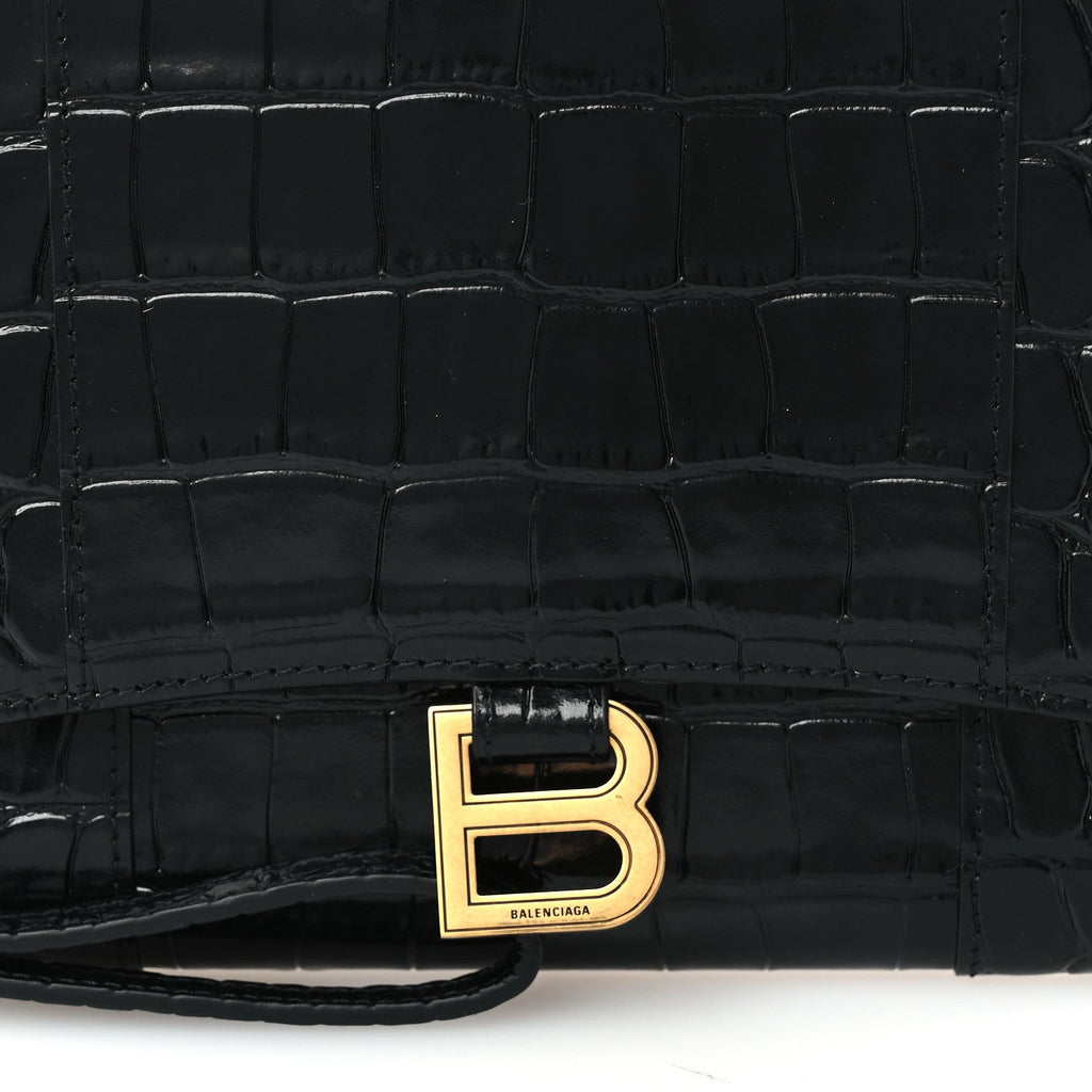 Shiny Calfskin Crocodile Embossed Hourglass Gusset Pouch Black