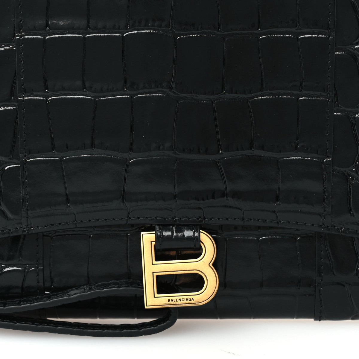 Shiny Calfskin Crocodile Embossed Hourglass Gusset Pouch Black