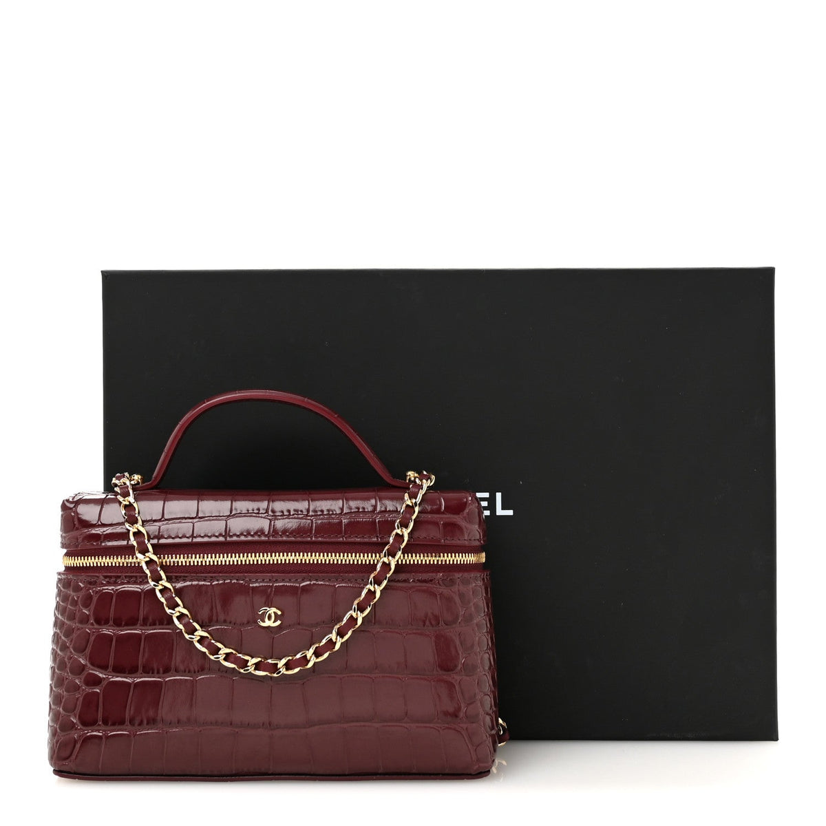 Calfskin Crocodile Embossed Crococo Exoticoco Vanity With Chain Dark Burgundy