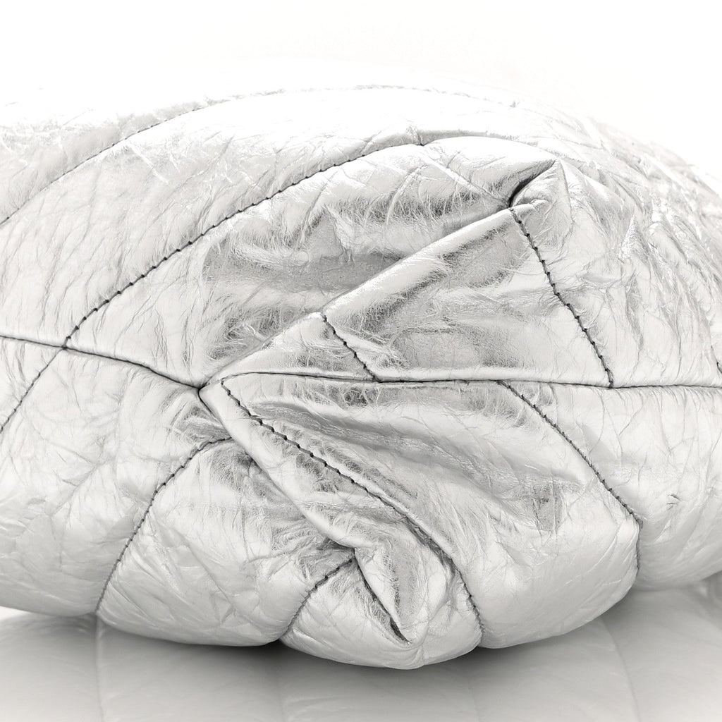 Crushed Calfskin Quilted Crush Small Tote Bag Silver