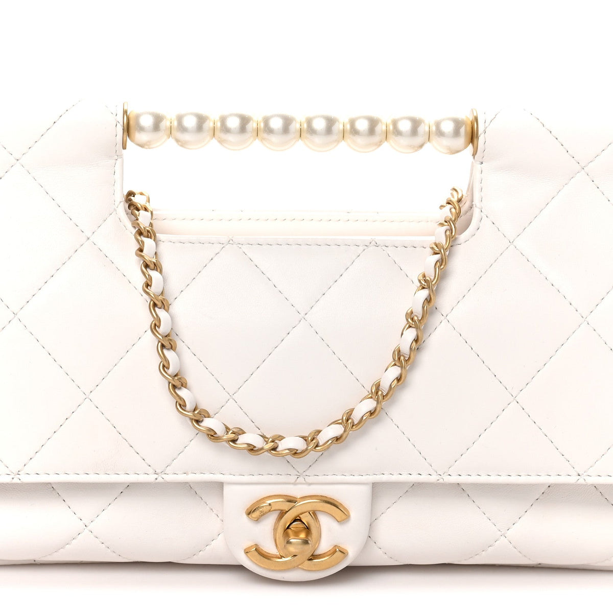 Shiny Lambskin Pearl Top Handle Flap Shopping Bag White