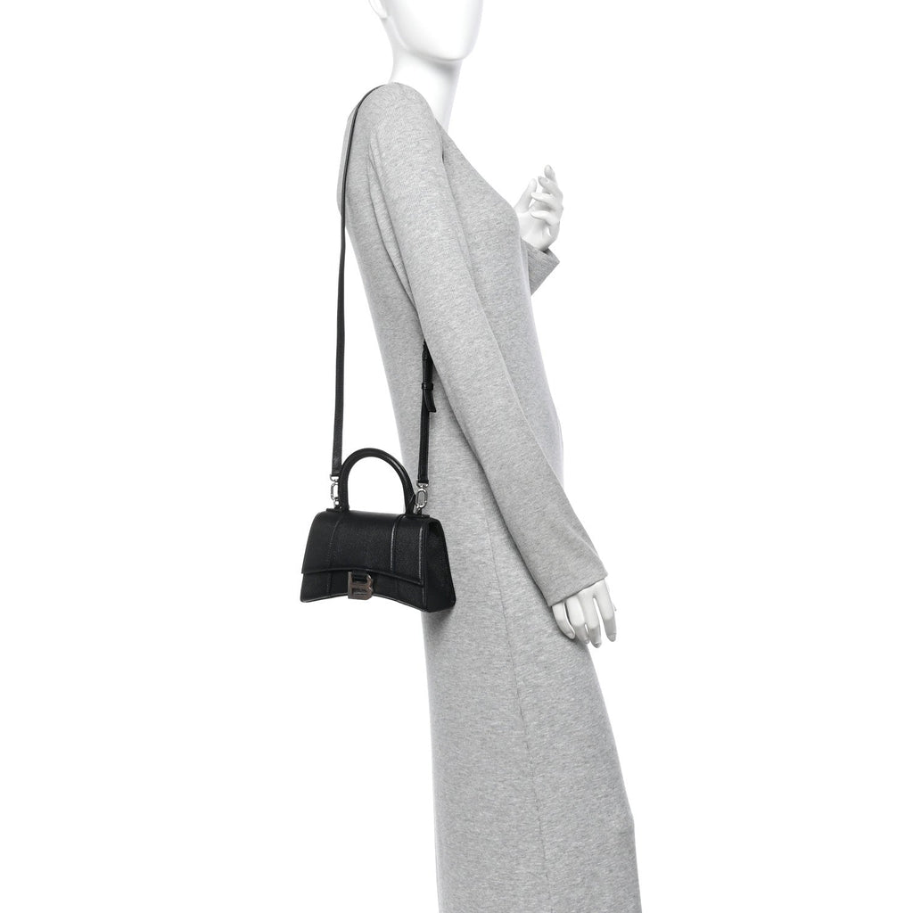 Grained Calfskin Hourglass Top Handle Bag XS Black