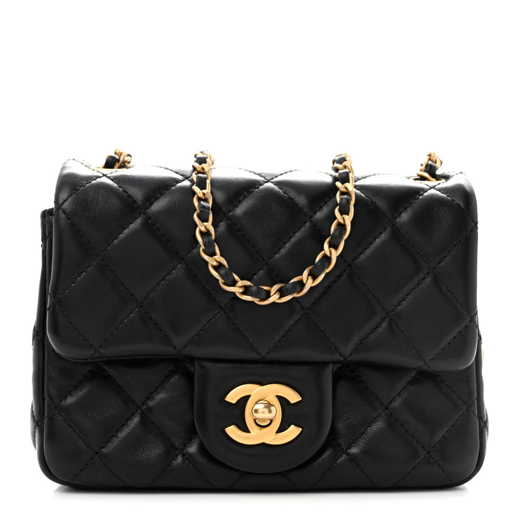 Lambskin Quilted Mini Pearl Crush Flap Black