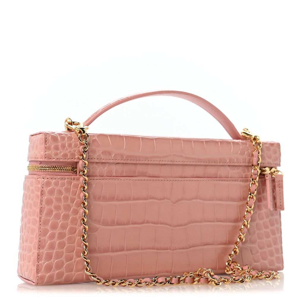 Calfskin Crocodile Embossed Crococo Exoticoco Long Vanity Case With Chain Pink