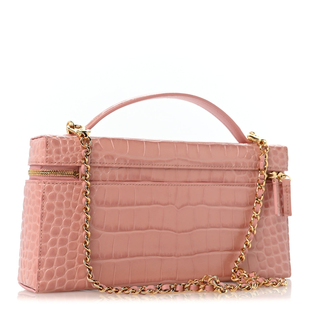 Calfskin Crocodile Embossed Crococo Exoticoco Long Vanity Case With Chain Pink