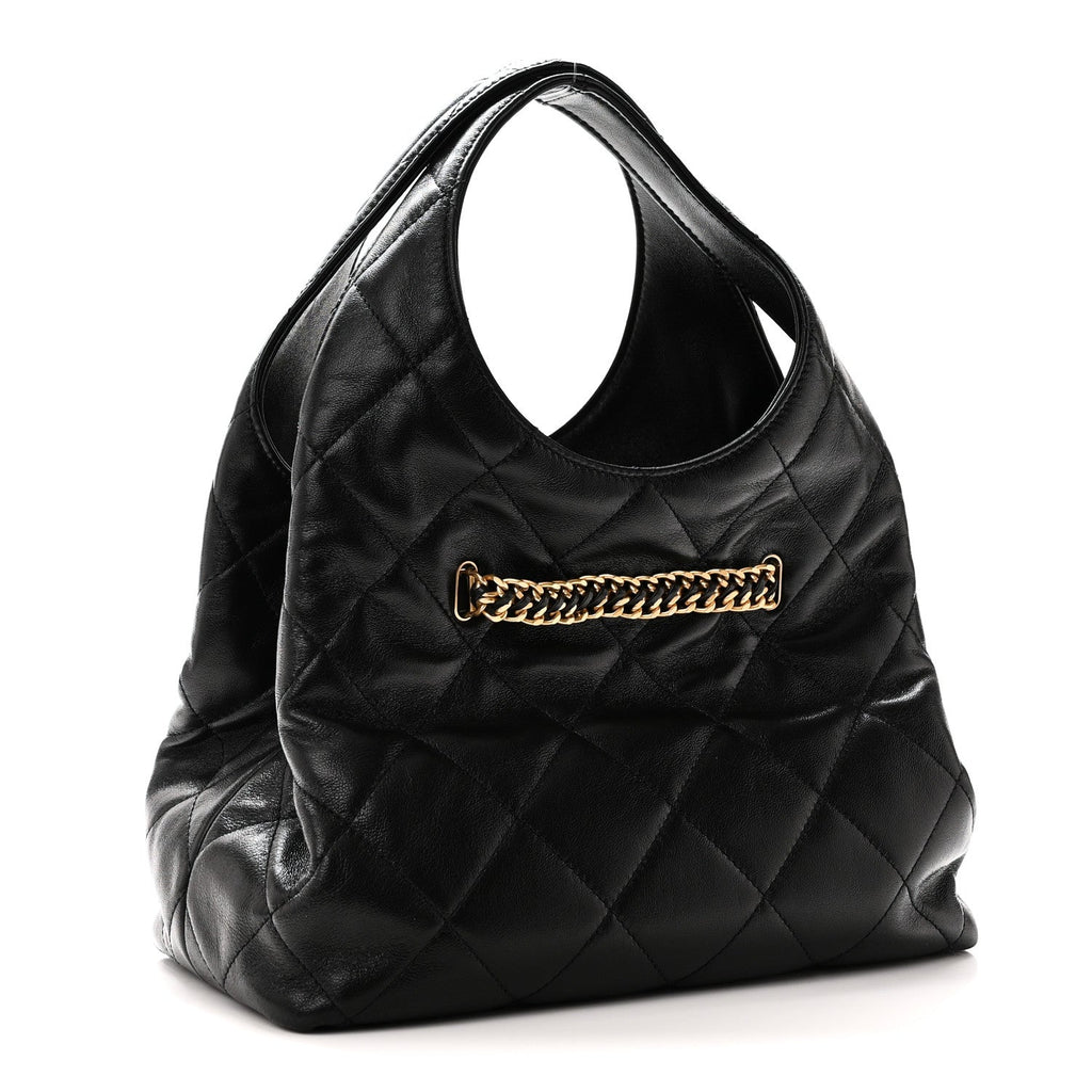 Shiny Lambskin Quilted CC Belt Shopping Bag Black