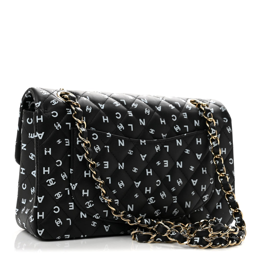 Calfskin Quilted Logo CC Printed Small Double Flap Black White