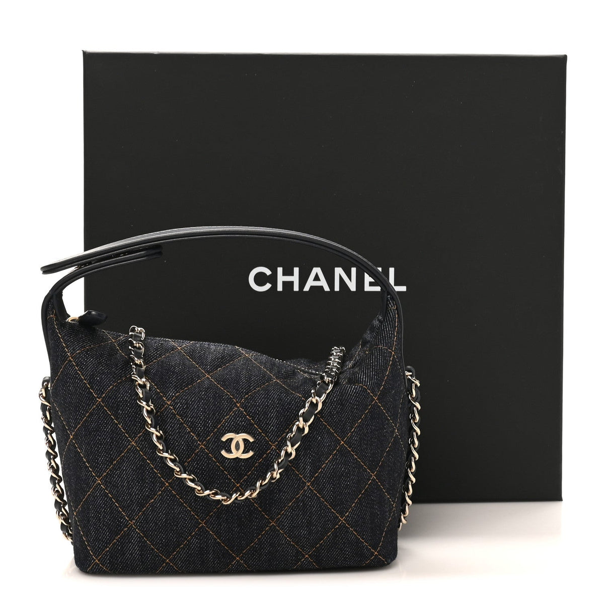 Denim Quilted Hobo Clutch With Chain Dark Blue Orange
