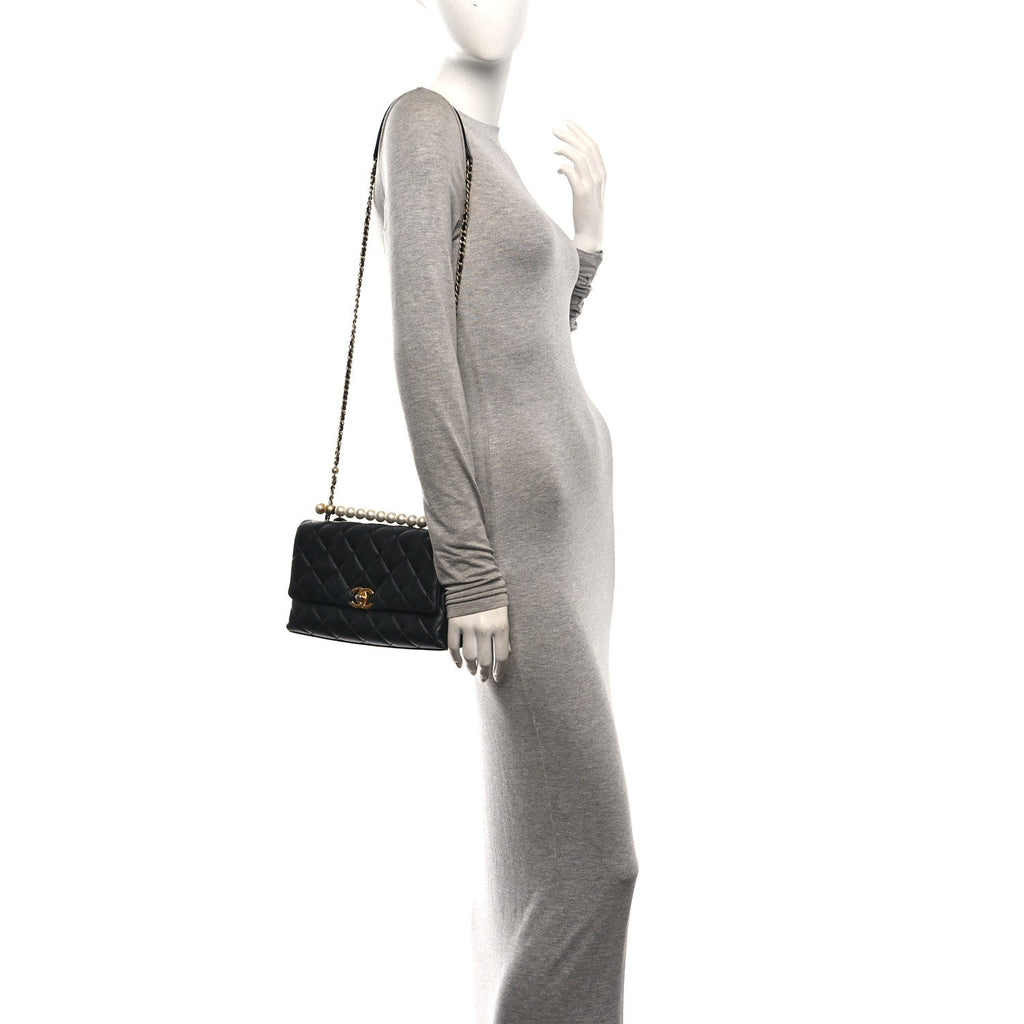 Lambskin Quilted Pearl Handle Flap Black