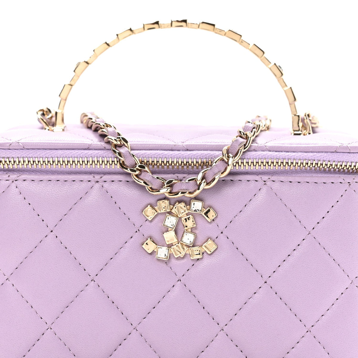 Lambskin Quilted Baguette Crystal Top Handle Vanity Case With Chain Purple