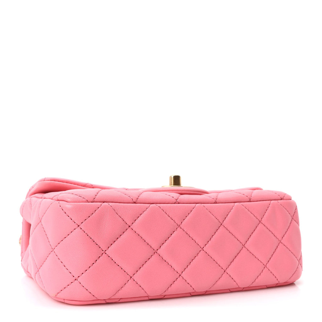 Lambskin Quilted Mini Rectangular Pearl Crush Flap Pink