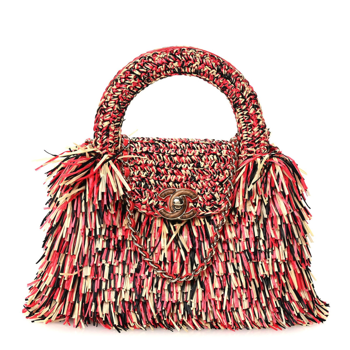 Raffia Fringe Nano Kelly Shopper Red Beige Black