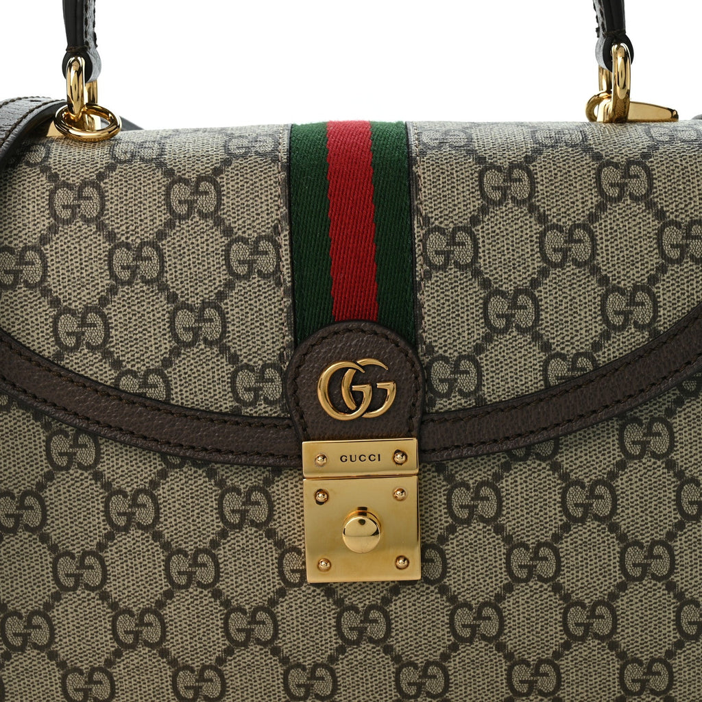 GG Supreme Monogram Textured Dollar Calfskin Web Small Ophidia Padlock Top Handle Bag Beige Ebony New Acero