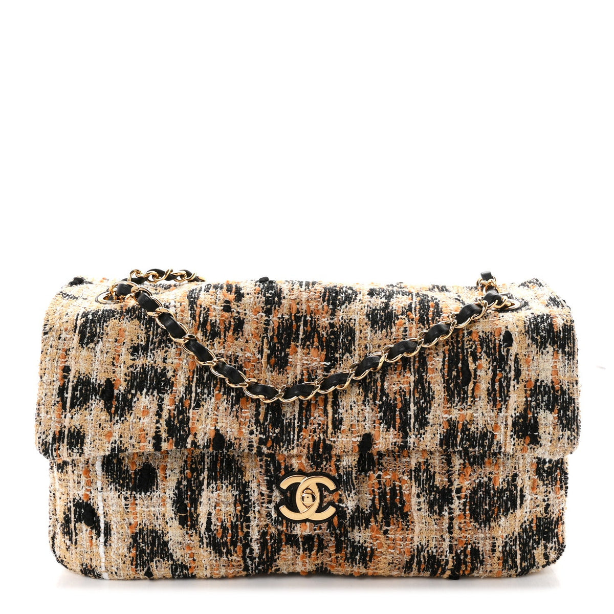 Tweed Mixed Fibers Leopard Print Small Souplissimo Maxi Flap Brown Black White