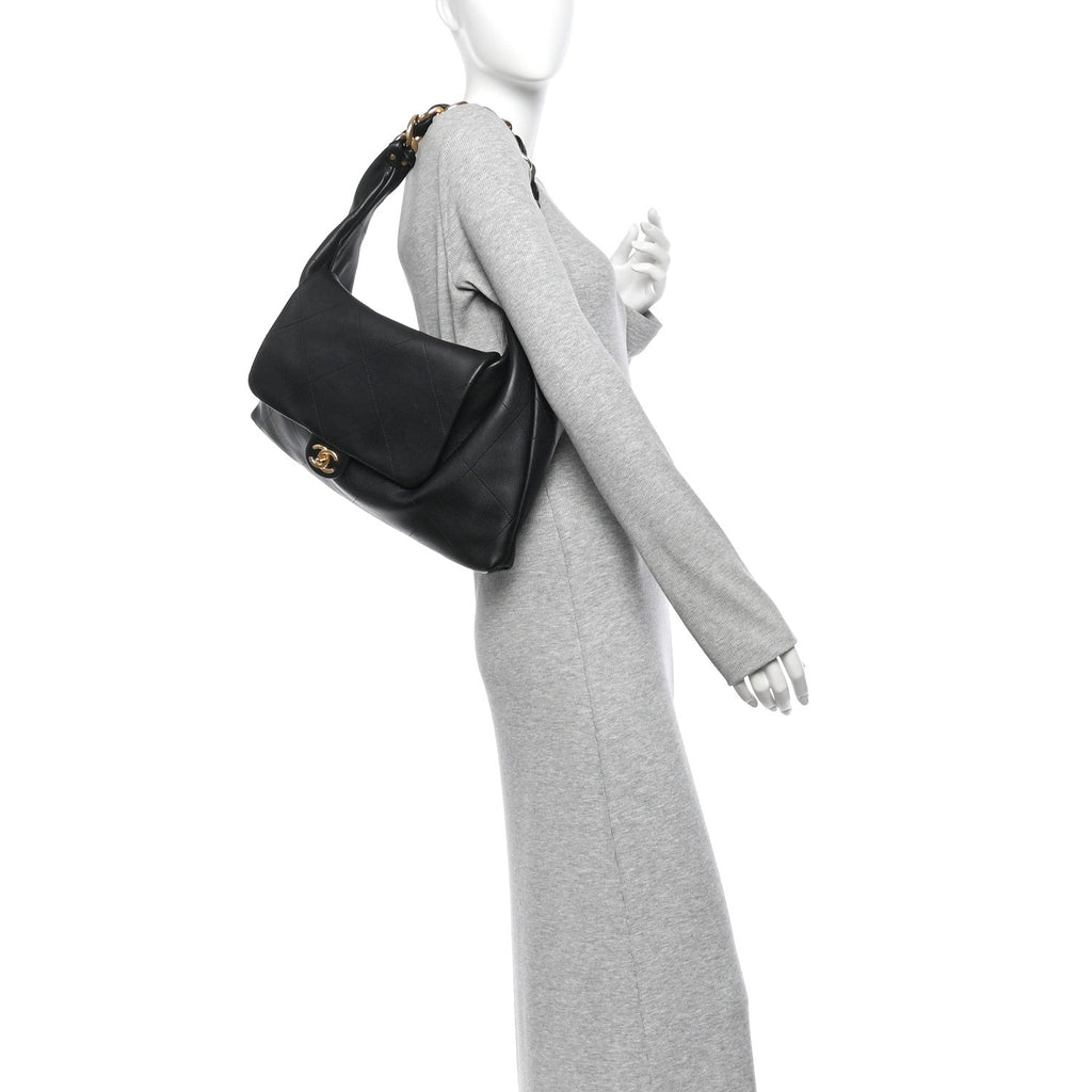 Shiny Calfskin Quilted Maxi Chain Hobo Black