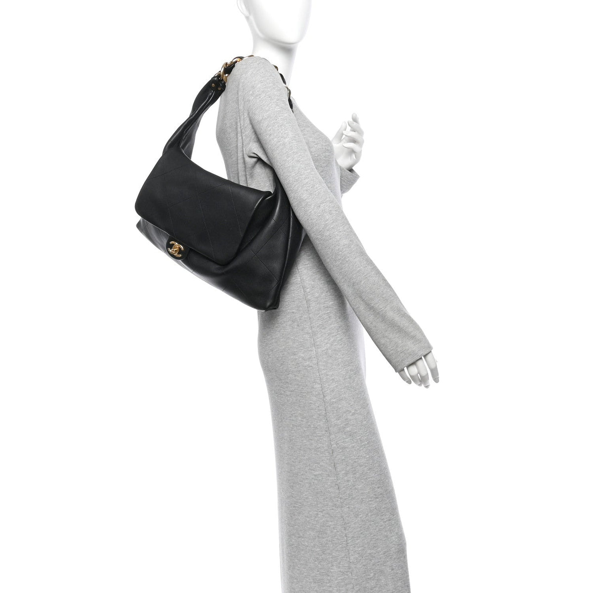 Shiny Calfskin Quilted Maxi Chain Hobo Black