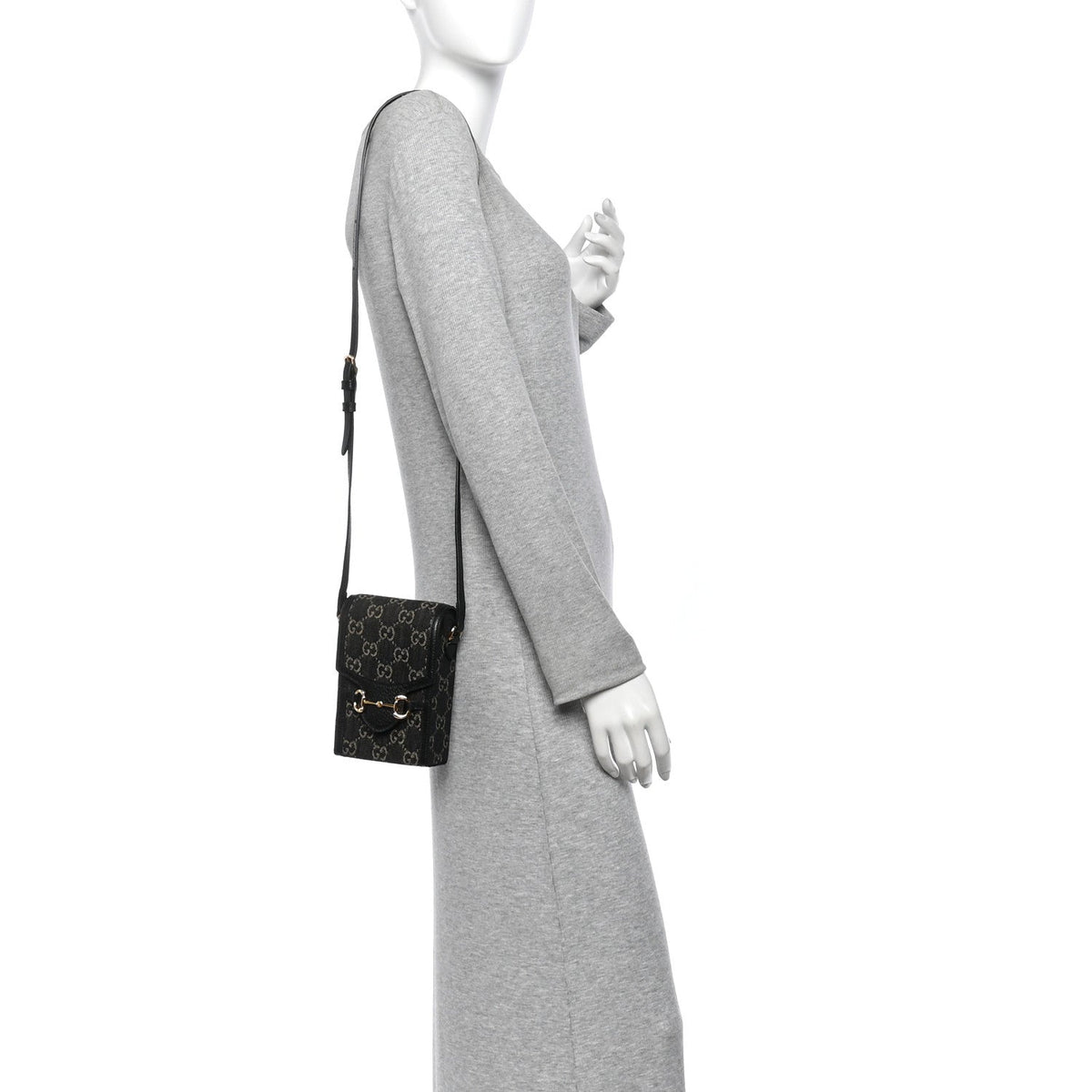 Jacquard Black Denim GG Monogram Textured Dollar Calfskin Mini Horsebit 1955 Crossbody Bag Black Ivory