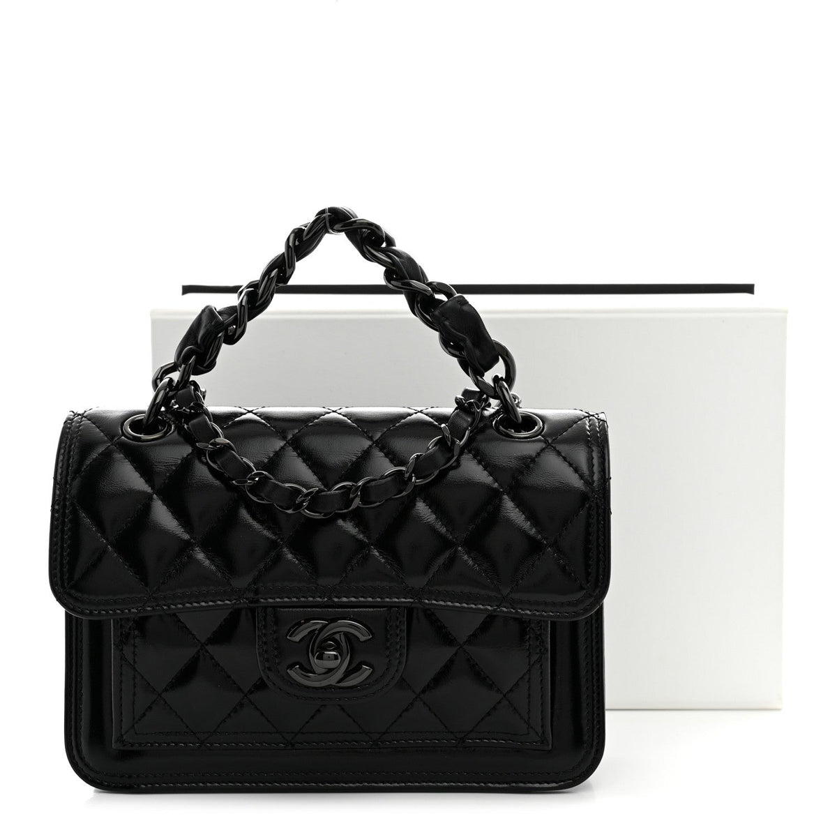Shiny Crumpled Calfskin Quilted Double You Mini Flap So Black