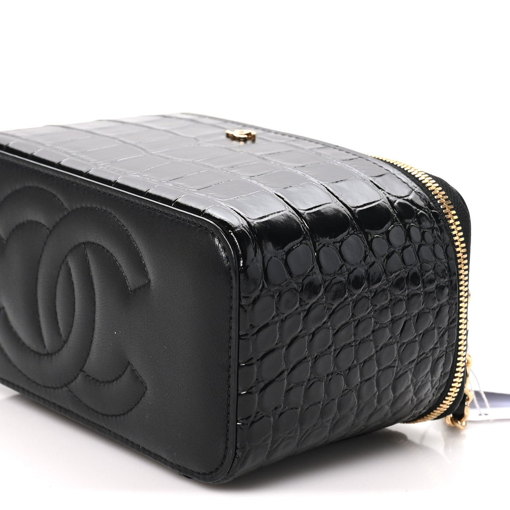 Calfskin Crocodile Embossed Crococo Small Top Handle Vanity Case With Chain Black