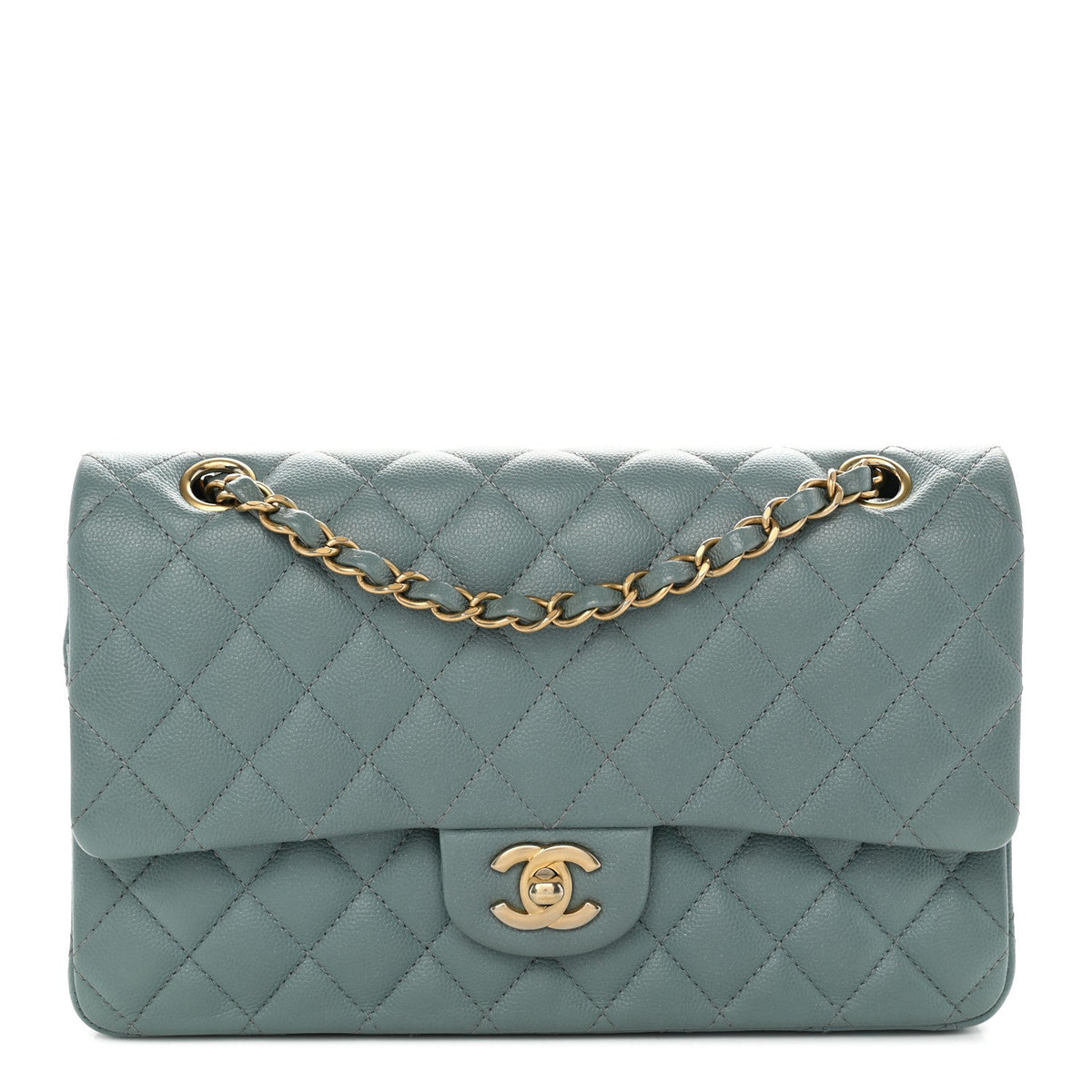 Iridescent Caviar Quilted Medium Double Flap Light Blue