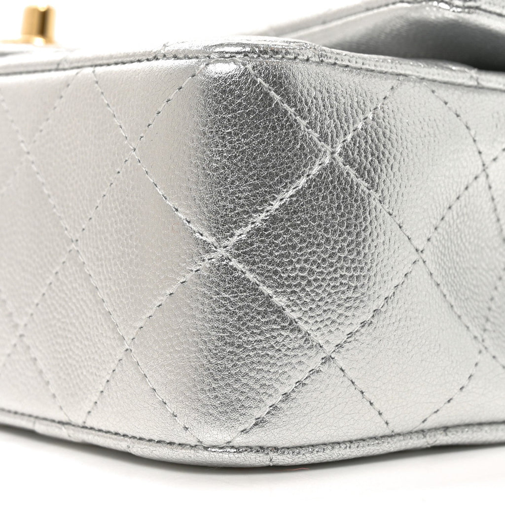 Metallic Caviar Quilted Top Handle East West Flap Silver