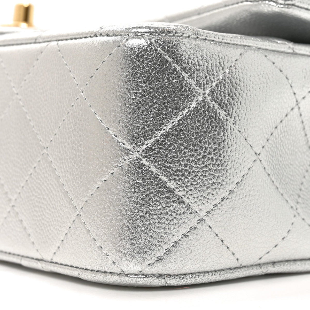 Metallic Caviar Quilted Top Handle East West Flap Silver