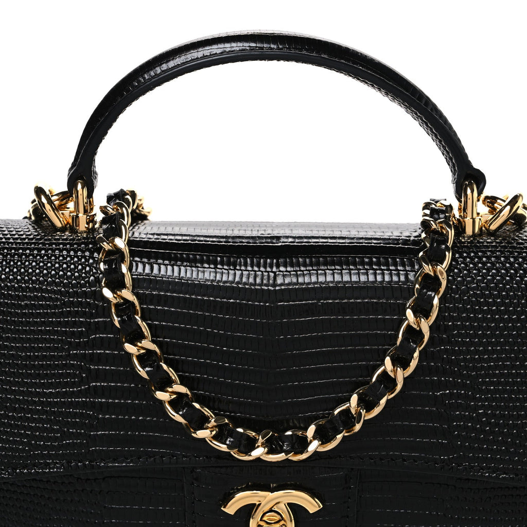 Calfskin Lizard Embossed Top Handle Long Clutch With Chain Black