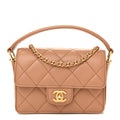 Shiny Caviar Quilted Mini Top Handle Flap Bag Camel