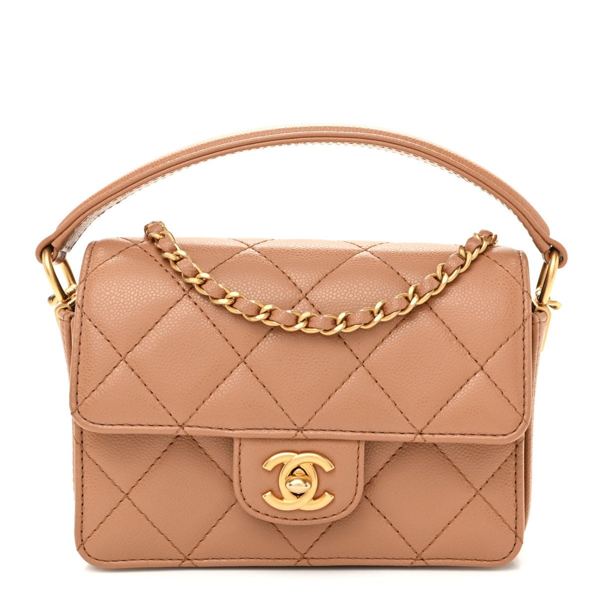 Shiny Caviar Quilted Mini Top Handle Flap Bag Camel