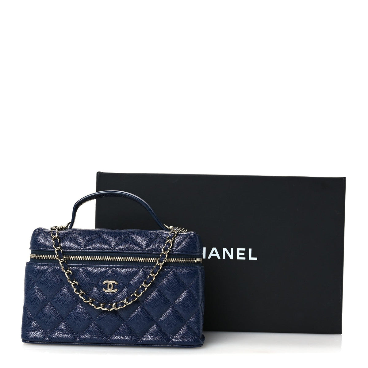 Caviar Quilted Top Handle Slim Vanity With Chain Navy