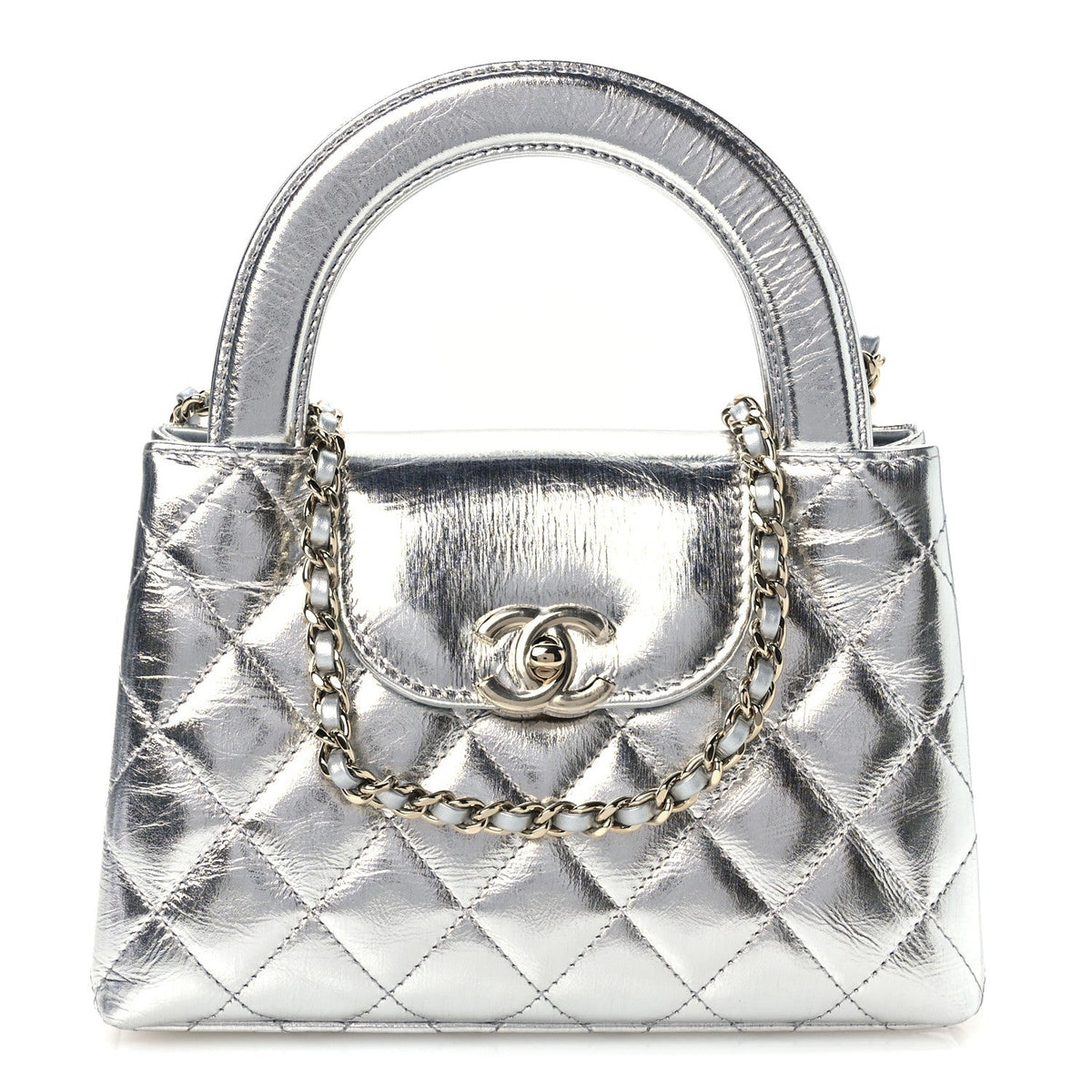 Metallic Aged Calfskin Quilted Nano Kelly Shopper Silvery
