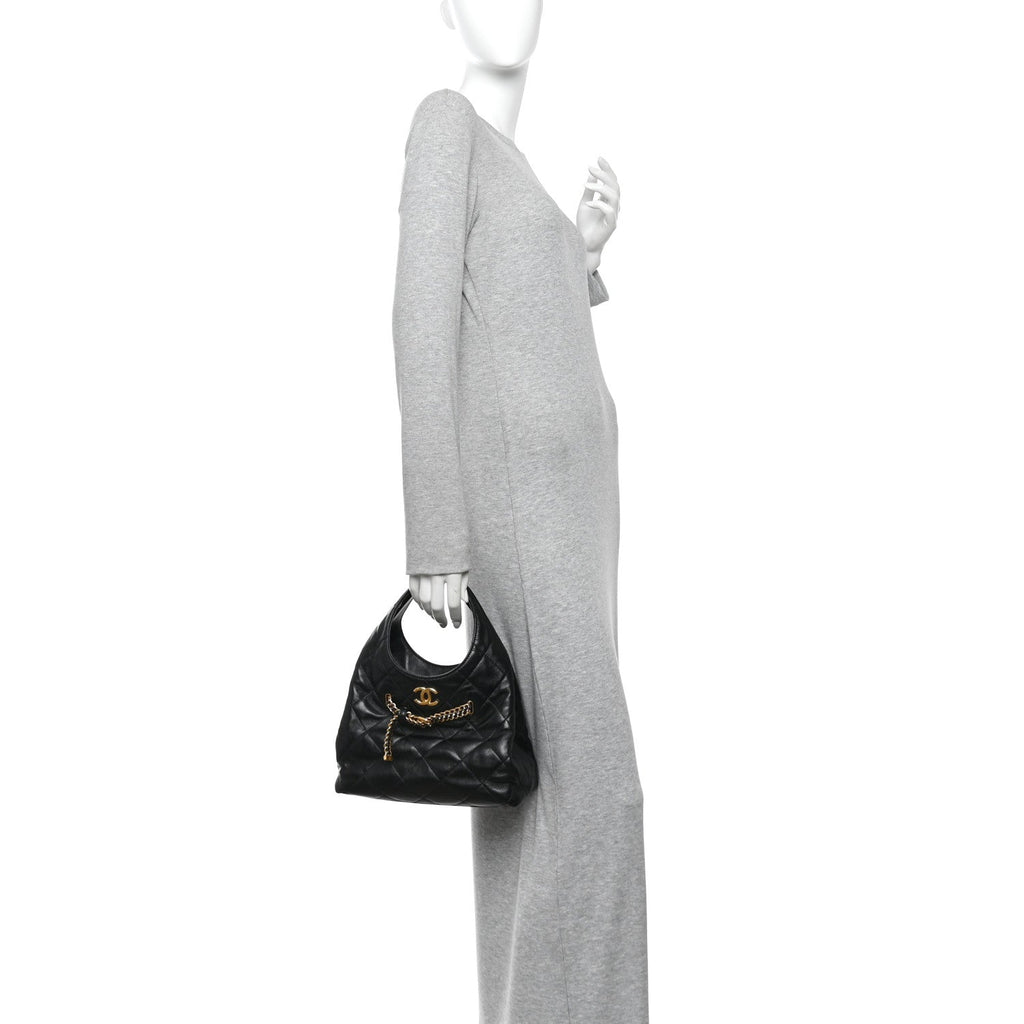 Shiny Lambskin Quilted CC Belt Shopping Bag Black