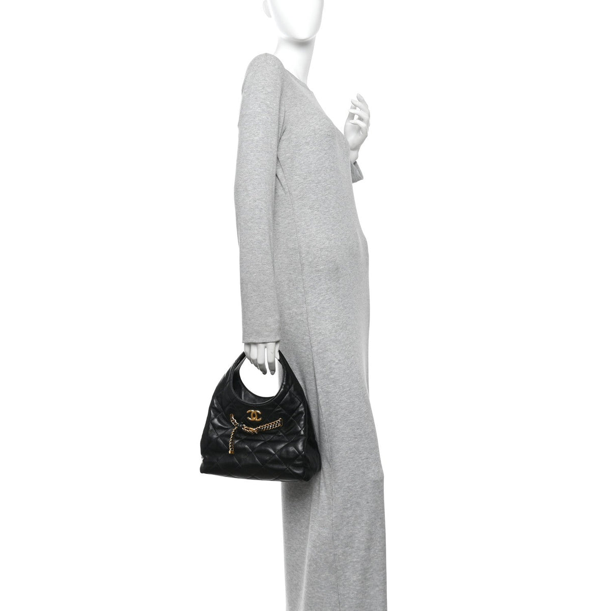 Shiny Lambskin Quilted CC Belt Shopping Bag Black