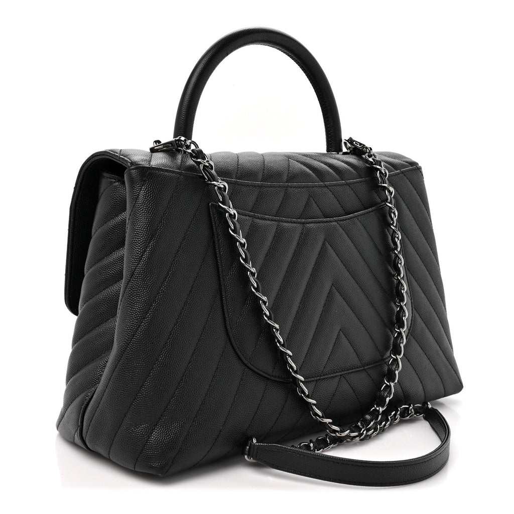 Caviar Chevron Quilted Medium Coco Handle Flap Black