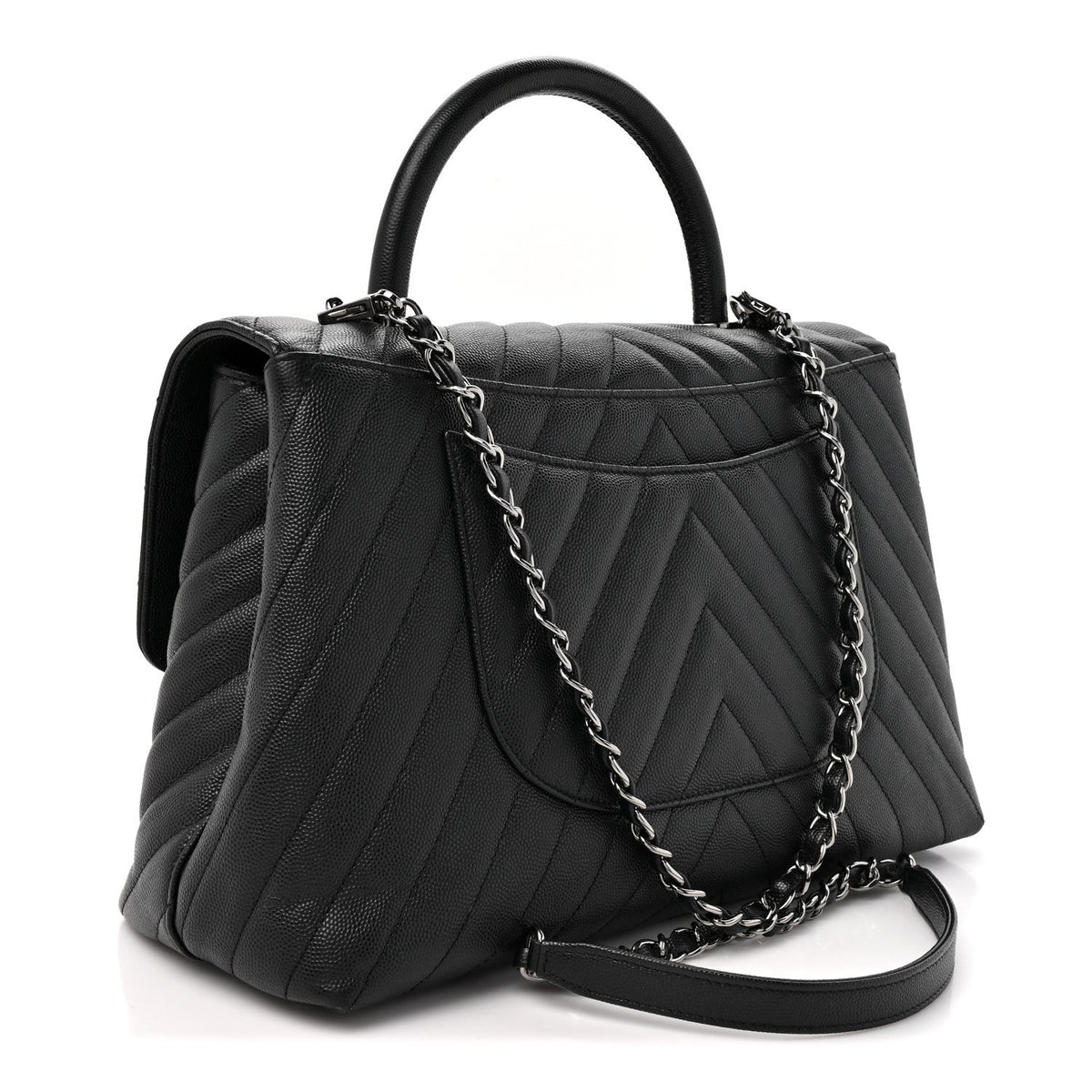 Caviar Chevron Quilted Medium Coco Handle Flap Black