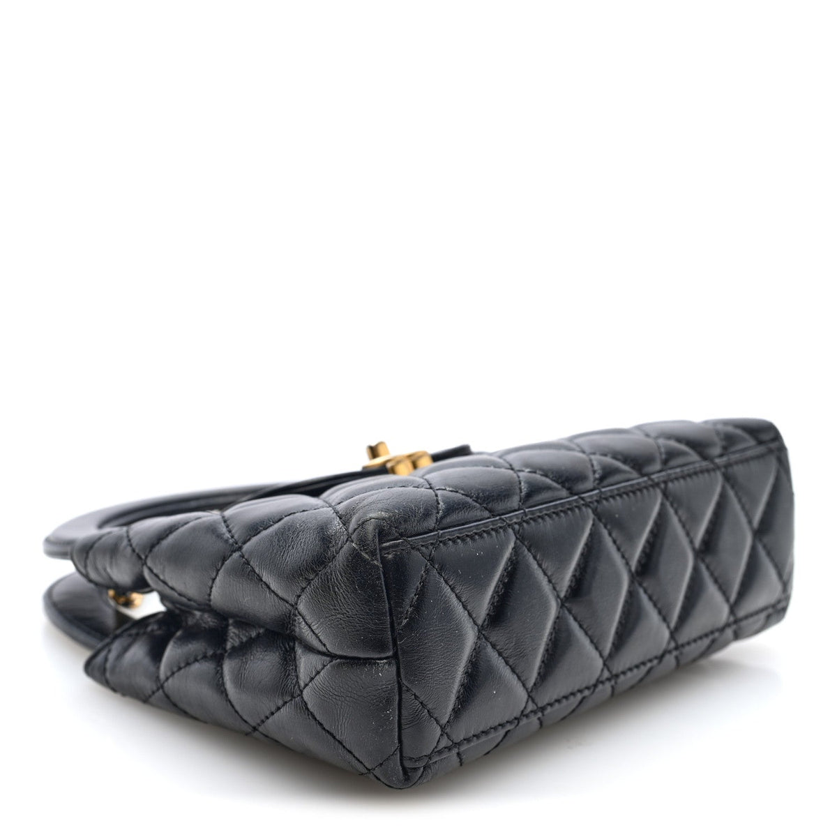Shiny Aged Calfskin Quilted Mini Kelly Shopper Black