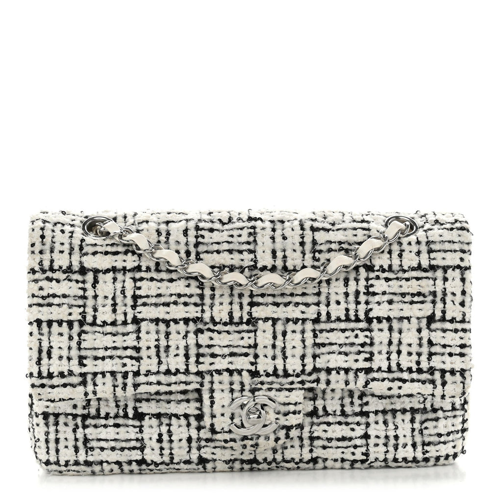 Tweed Sequin Quilted Medium Double Flap White Black