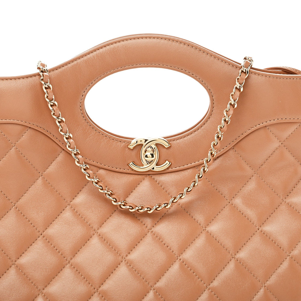 Shiny Crumpled Calfskin Quilted 31 Shopping Bag Dark Beige