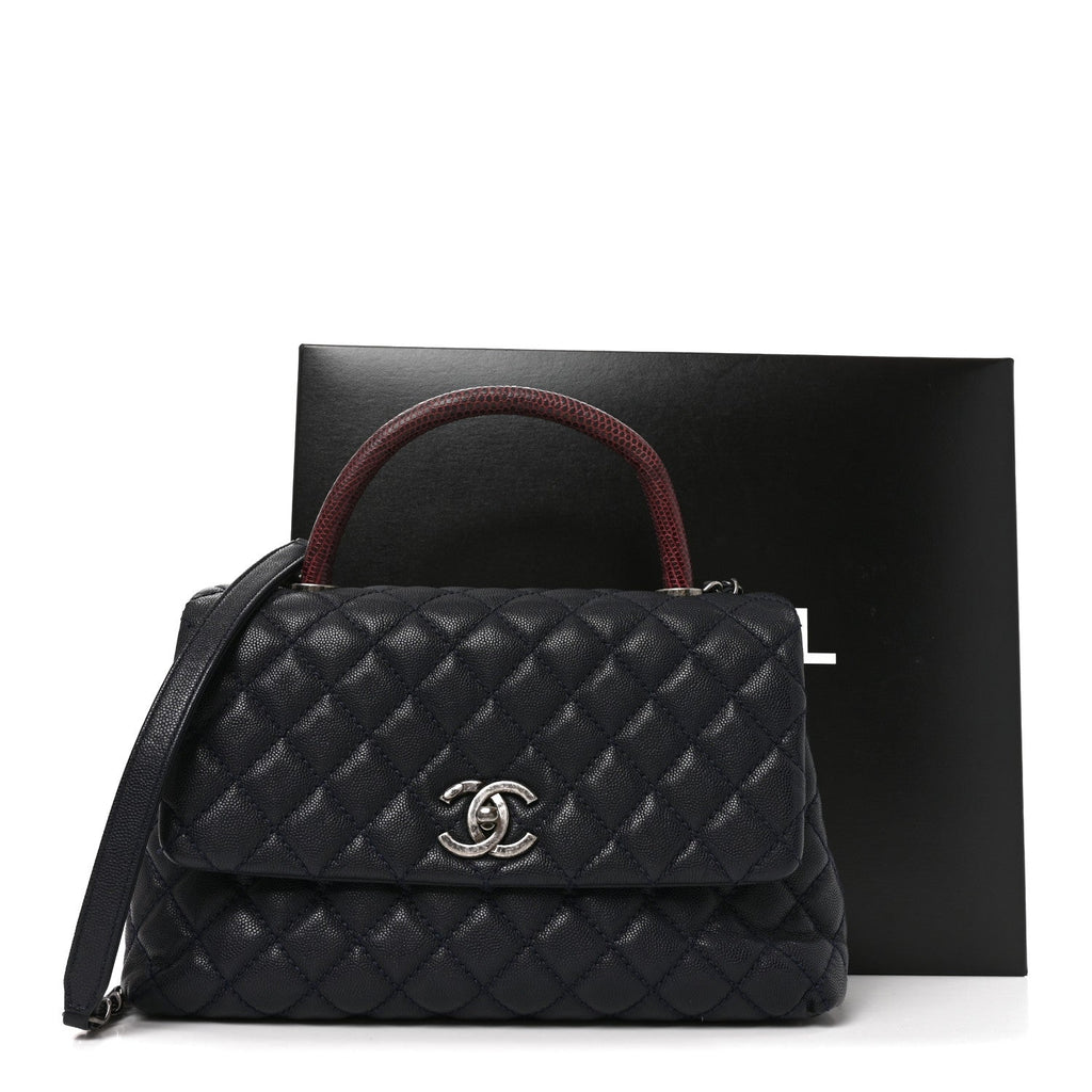 Caviar Lizard Embossed Quilted Small Coco Handle Flap Navy Blue