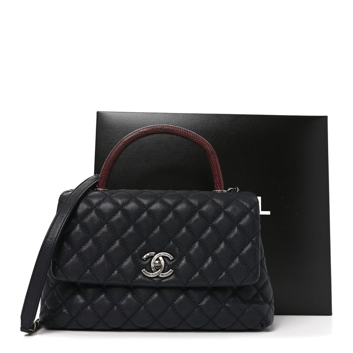 Caviar Lizard Embossed Quilted Small Coco Handle Flap Navy Blue