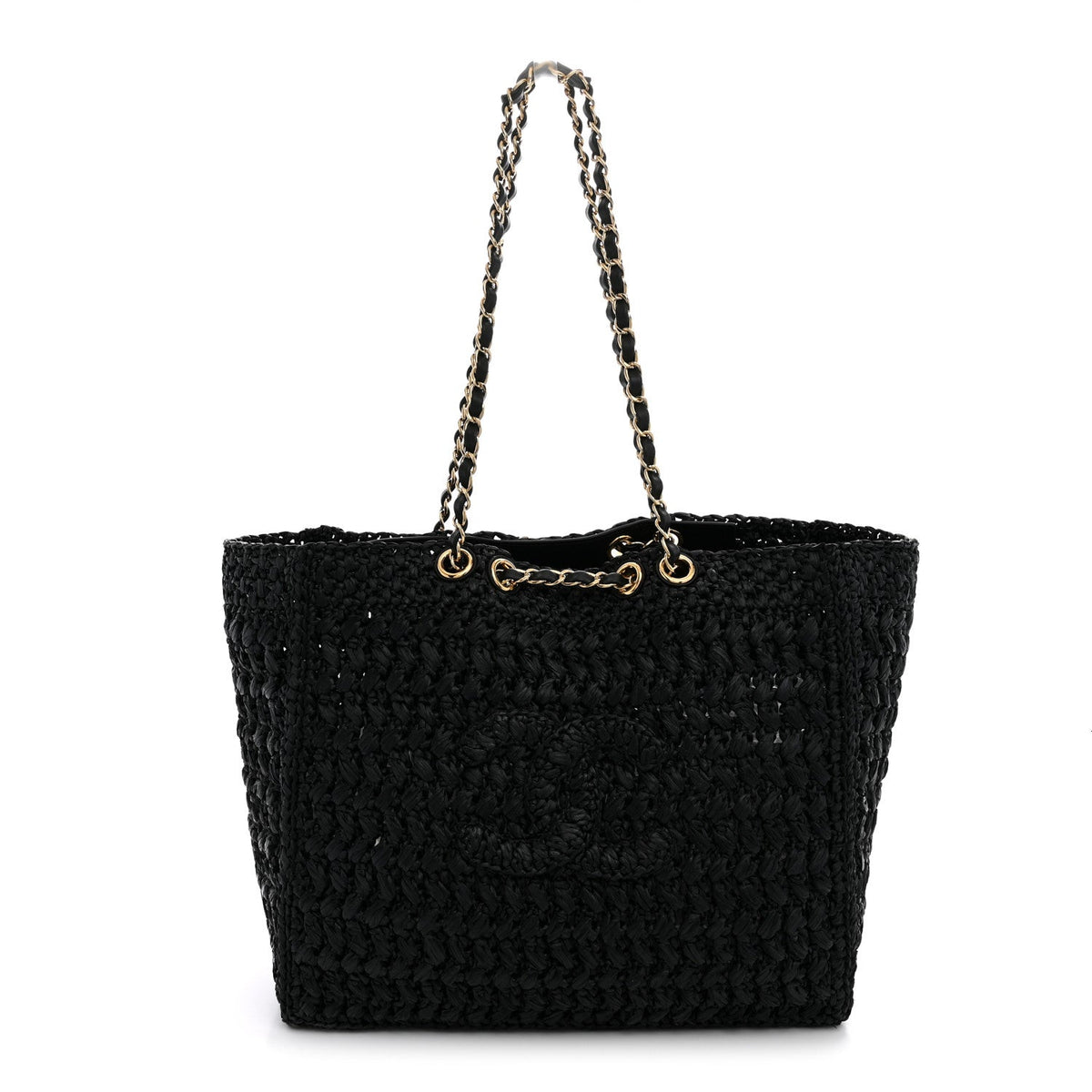 Raffia Effect Calfskin Coco Beach Shopping Tote Black