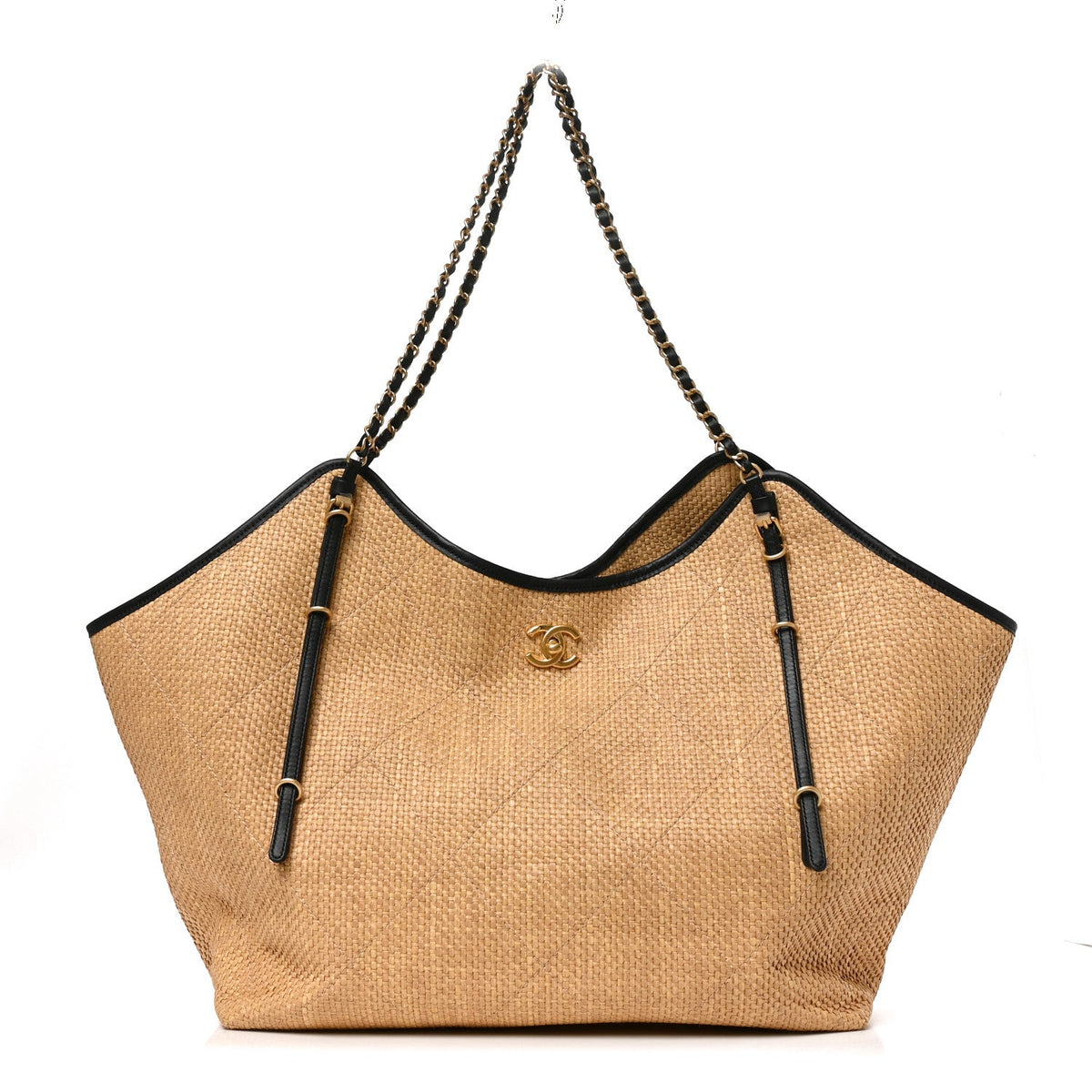 Braided Raffia Stitched Maxi Shopping Bag Dark Beige Black
