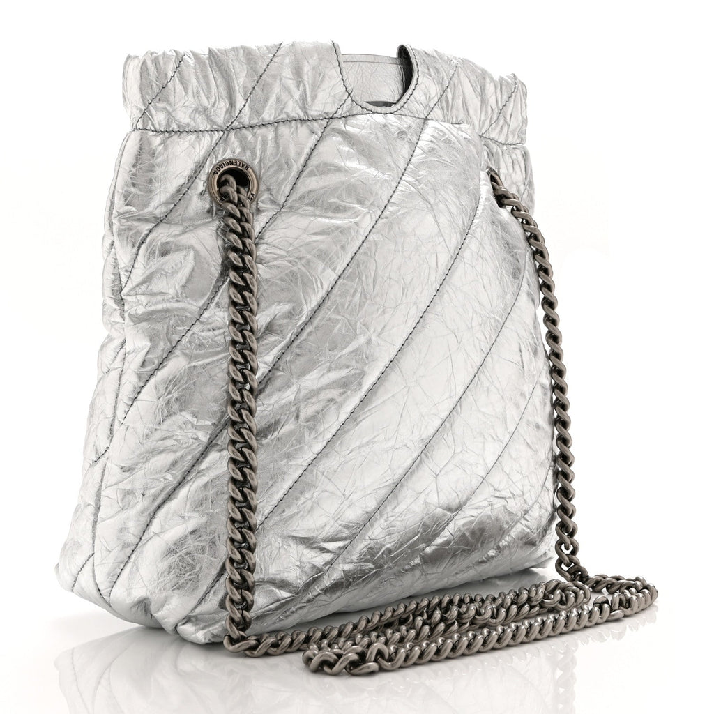 Crushed Calfskin Quilted Crush Small Tote Bag Silver