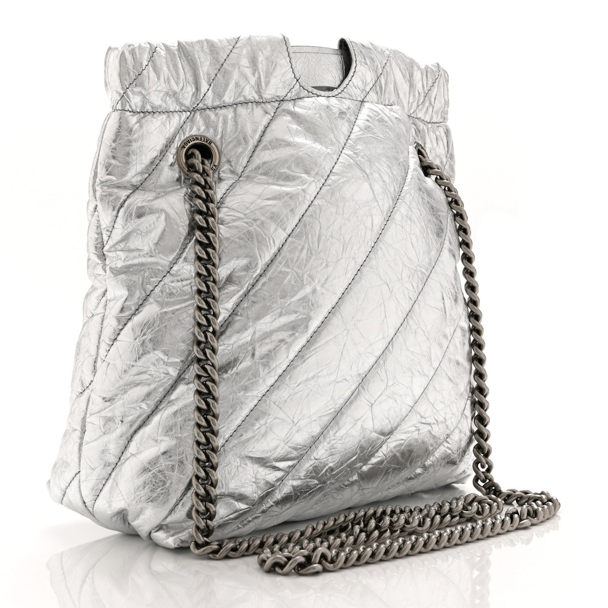 Crushed Calfskin Quilted Crush Small Tote Bag Silver