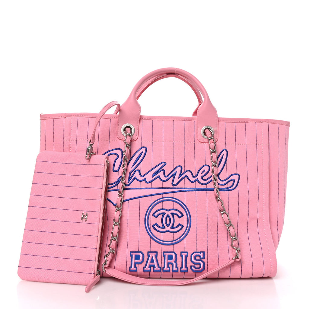 Canvas Calfskin Striped Large Deauville Tote Pink Blue