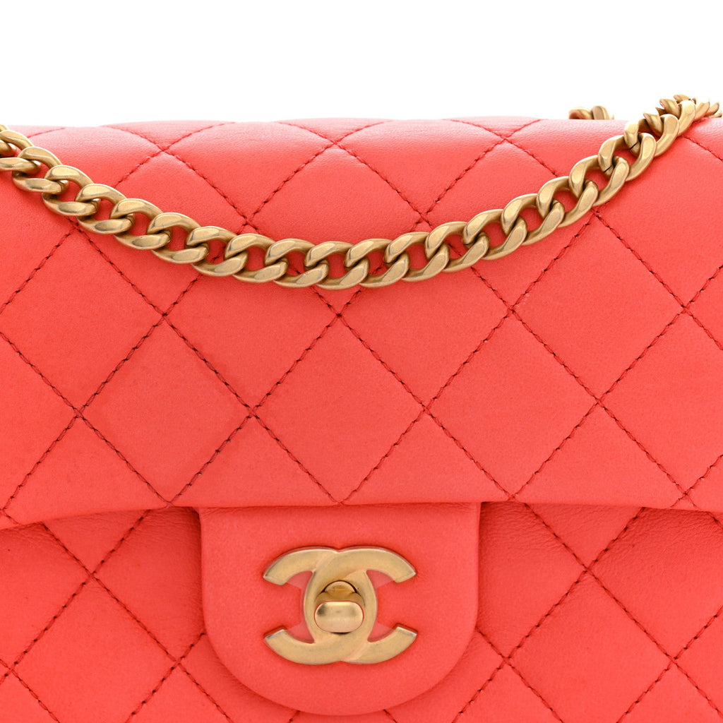Lambskin Quilted Mini Rectangular Sweet Camellia Flap Coral