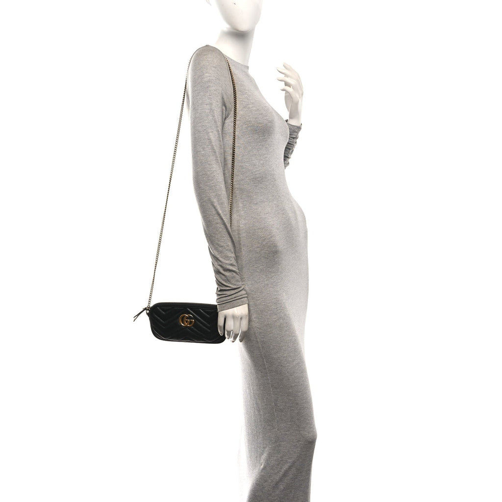 Calfskin Matelasse Mini GG Marmont Chain Crossbody Bag Black