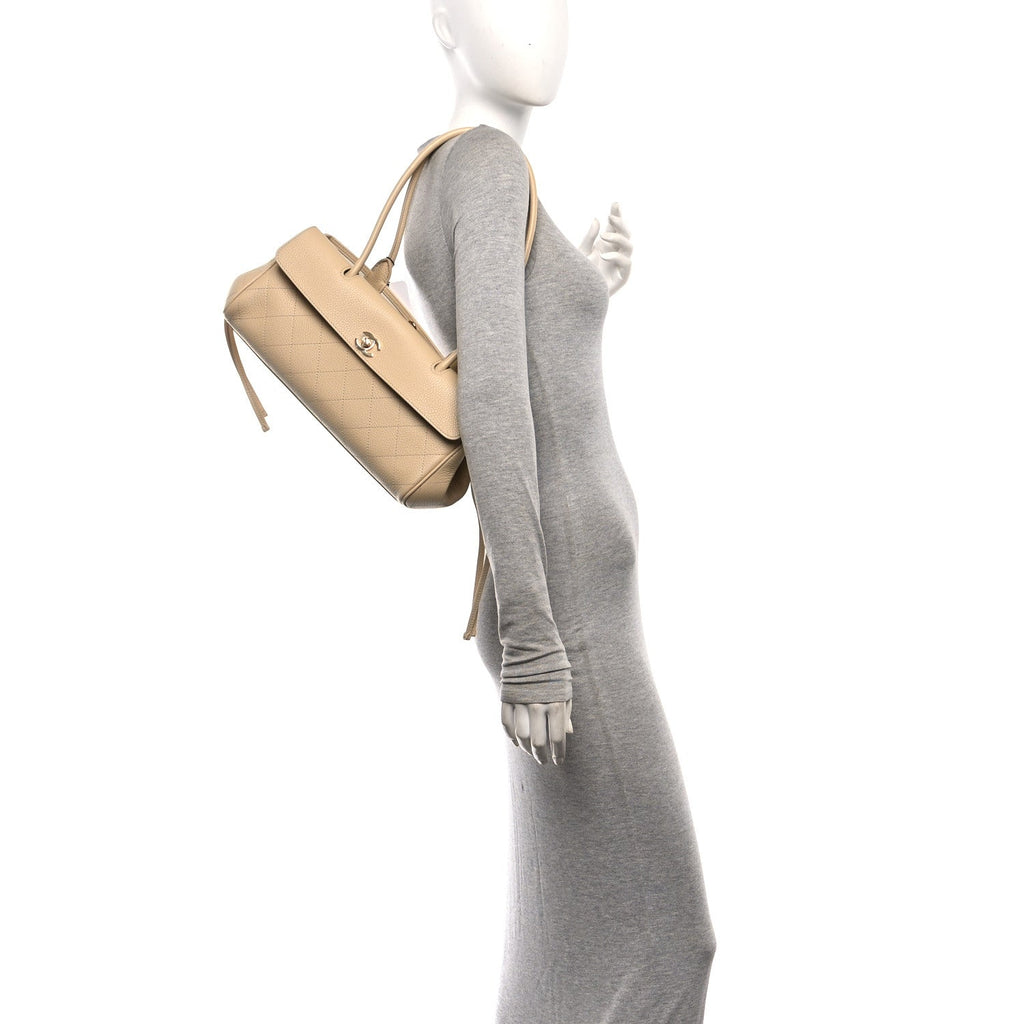 Grained Calfskin Stitched Urban Essentials Small Shopping Bag Beige